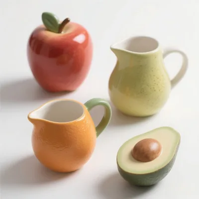 Customized 3D Fruit Shape Ceramic Milk Pitchers Set of 4, Personalized Heavy Duty Porcelain Creamer for Cafe Table