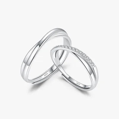 Solid 925 Sterling Silver Lines Twining Romantic Adjustable Classic Wedding Engagement Zirconia Couple Rings for Women Men
