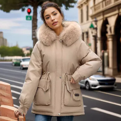 Women Big Fur Collar Outerwear Autumn Winter Jacket Ladies Velvet Liner Thicken Hooded Parka