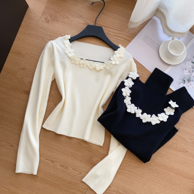 Women's Casual Long-Sleeved Knitted Top with 3D Floral Design Slim Fit and Irregular Hem for Spring