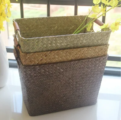 Hot Selling Woven Seagrass Storage Basket With Further Handle Rattan Sundries Laundry Basket