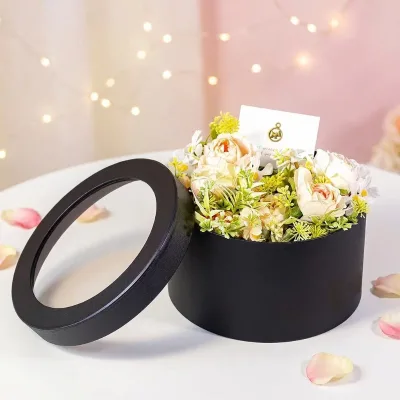 Black Round Flower Box Transparent  Window Luxury Preserved Rose Packaging for Valentine Mother's Day Gift