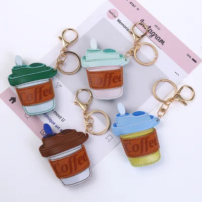 Cute Cartoon Coffee Cup PU Leather Keychain Lovely Matcha Pendant Mini Car Key Ring Luxury Purse Wallet Backpack Bag Charm
