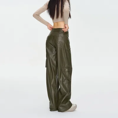 Custom Logo Fashion Streetwear Women Pants Wide Leg Baggy Cargo Pants for Women High Quality Leather Pants Women