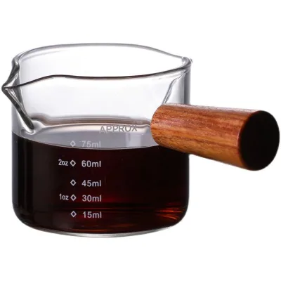 Best High Borosilicate Glass 50ml 100ml Double-Mouthed Measuring Cup Jigger Wood Handle Dishwasher Safe Espresso Coffee Milk