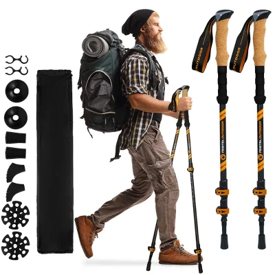 Lightweight Portable 3-Section 3K Carbon Fiber Cork Handle Telescopic Hiking Poles with Tungsten Steel Tips Adjustable Length