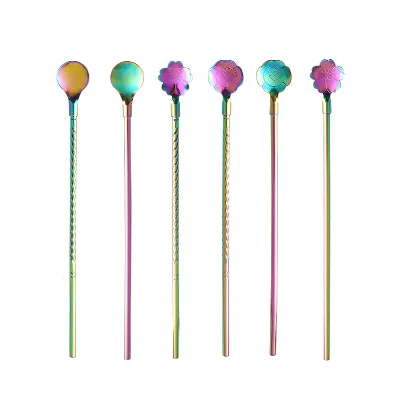 304 Stainless Steel Straw Creative Colorful One-piece Dual-purpose Flower Straw Spoon Coffee Milk Tea Smoothie Stirring Spoon
