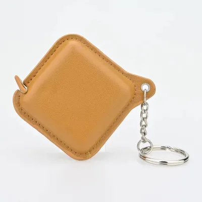 Custom logo Debossed square Shape Yellow Leather Cover Mini Tape Measure Keychain