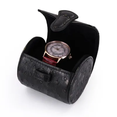Black Leather Watch Accessories Roll Case Luxury Ostrich-Embossed Box with Secure Strap Closure for Single Watch Storage