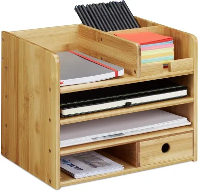 Natural Bamboo Desktop File Organizer With Side Pen Compartment Pull-Out Drawer Multi Layer Office Desk Stationery Storage