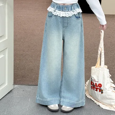 Girls' Lace Cotton Garment Dyed High Waist Wide Leg Loose Fit Jeans Spring Autumn New Korean & Western Styles