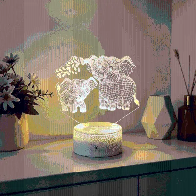 Big Little Elephant Customized Base 3D Illusion Acrylic Unicorn Cartoon Modern Night Light Smart House Lamp LED Remote Control