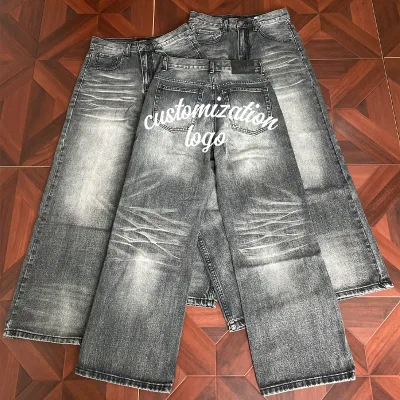 Vintage Retro Water-washed Black and Blue Denim High Street Breathable Regular Fit Straight-leg American-style Jeans