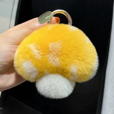Mushroom Shaped Key Holder Colorful Plush Mushroom Keychain Fuzzy Real Rabbit Fur Car Key Ring Holder Pendant Decoration