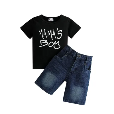 Customized Formal Plaid Pattern Mama Boy Noble Shirt Baby Boys' Clothing Sets Short Sleeve T-Shirt Jeans Shorts Toddler Boy