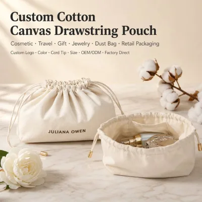 Custom Logo Printed Natural Cotton Canvas Drawstring Pouch with Gold Metal Cord Tip Luxury Jewelry Cosmetic Gift Packaging Bag