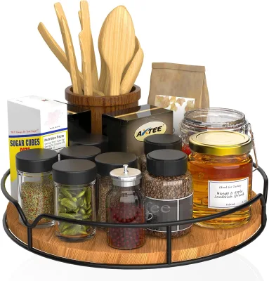 Rotating Wooden Countertop Storage Caddy, Round Lazy Susan Tray with Metal Frame for Spices Jars Kitchen Pantry Organization