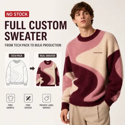 Private Label Sweater Producer Mens Pink Burgundy Ivory Spliced Fuzzy Heavyweight Intarsia Knit Oversized Loose Sweater