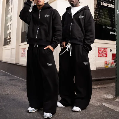 Custom 500gsm Fleece Screen Print Zip up Hoodies Baggy Track Pants Tracksuit Sets Stacked 2 Piece Mens Hoodies Sweatsuit Sets