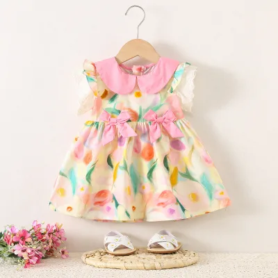 1754 Girls Casual Floral Cotton Skirt for Summer Short-Sleeved with Two Bows on Waist Small Size