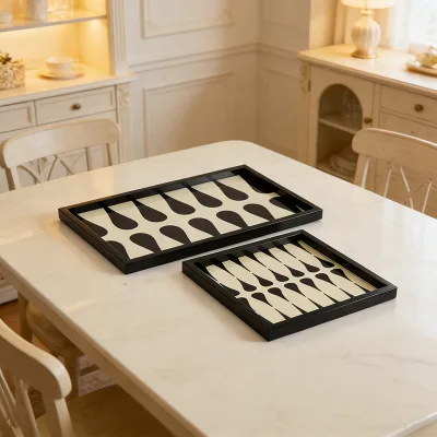 2-Piece Black Frame Decorative Tray Set Wooden Metal Abstract Pattern Serving Tray for Premium Hotel Home Decor Tray