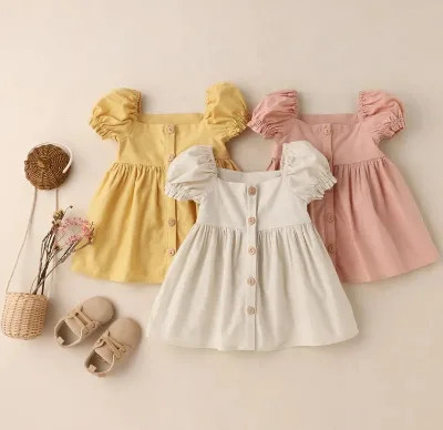 Top Sell Solid Color Summer Girls  Puff Sleeve Linen Cotton Knee Length Short Sleeve Princess Children's Dress