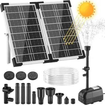 Twenty Watt Solar Fountain Pump 230L H Flow Max 180CM Lift 8 Nozzles Two Filters DIY Medium 5 to 10 Pond Water Feature Kit