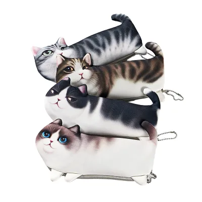 New Style 3D Cute Cat Design Plush Zipper Pouch Pencil case Soft Kawaii Animal Stationery Pencil Bag for Students Office Use