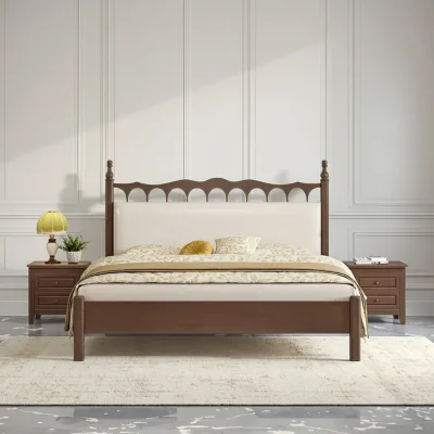 Bed Frame Retro 1.8m 1.5m Double Bed Modern Minimalist Bedroom Furniture Solid Wood, Soft Master Bedroom Bed
