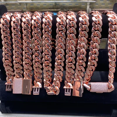 Hot Selling 14K Rose Gold Cuban Chain Necklace Unisex 10mm-25mm High Quality Zircon Miami Cuban Link Bling Iced Streetwear
