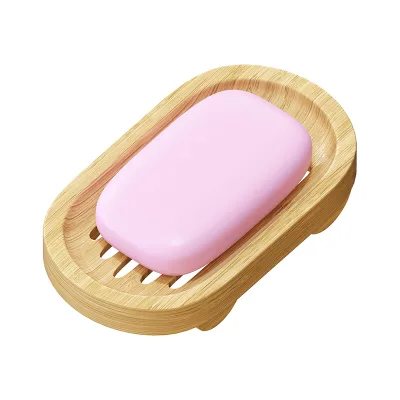 Bamboo Self-Draining Oval Saver with Double Tiers Tray and Holder for Bath Shower Kitchen Storage Boxes