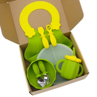 BPA-Free Soft Silicone Dinnerware Set for Baby Waterproof Bibs & Suction Toddler Bowl for Feeding & Dining