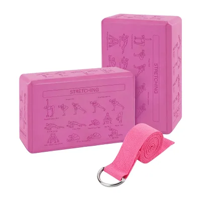 High Density EVA Yoga Block and Strap Set with Printed Stretching Poses, Non-Slip Yoga Brick with Cotton Strap for Beginners