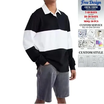 Men's 100% Cotton Knitted Long Sleeve Rugby Shirt Custom Logo Chest Striped Embroidered Print Casual