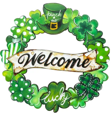Artificial Wood Wreath St. Patricks Day Wooden Shamrock Wreath Welcome Sign Farmhouse Front Door Wall Hanging Decoration