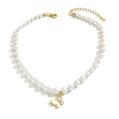 Fashionable and High-end Pearl Chain with Colorful butterfly Flower Pendant, Women's Fashionable and Versatile Collarbone Chain