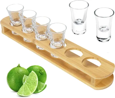 Shot Glasses with Holder Shot Glass Set in Bamboo Wooden Shot Tray Shot Serving Tray