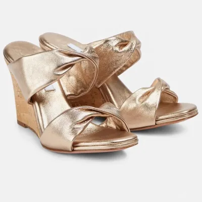 Anmairon New Season Soft Casual Outdoor Slippers Cross Strap Peep Toe Gold Metallic Leather Women Wedge Heel Sandals
