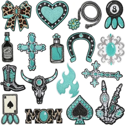 Wholesale Custom Western Embroidered Patches Teal Turquoise Leopard Print Badges for Clothing Jackets Bags Ready to Ship