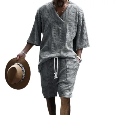 2025 Spring/Summer New Casual Loose Half Sleeve Knitted Shirt Top Shorts Men's Set