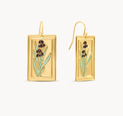 Inspire Jewelry  Stainless Steel Black Iris Flower Dangle Earrings Painting Gold Plated Women Jewelry Gift