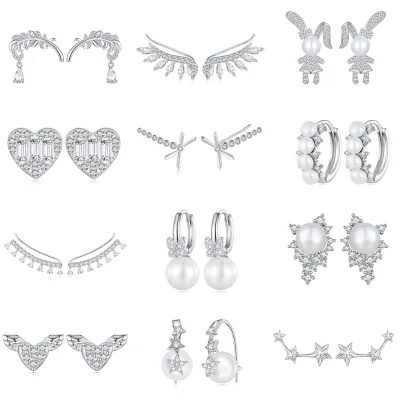 Fine Silver Jewelry 925 Sterling Silver Decorative Vine Hollow Pattern Cute Zircon Hoop Earrings Pearl Water Drop Ear Buckles