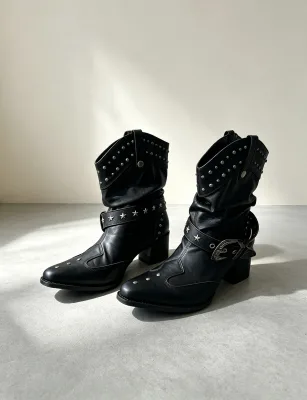 2026 ODM OEM Denim Style Rivet Pointed Toe V-Neck Knight Boots Women's Early Autumn New Fashion Retro Stiletto Heel Mid-Calf
