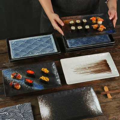 Commercial Japanese Cuisine Rectangle Ceramic Dish for Breakfast Sushi Snack Bread Dessert Cake-Flat Plate Dinnerware Set