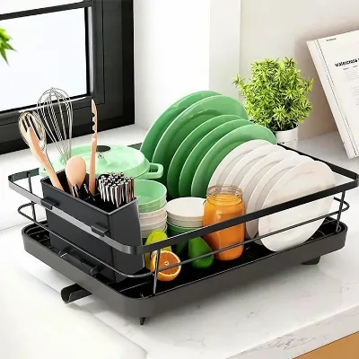 Kitsure Dish Drying Rack for Kitchen Counter, Carbon Steel Sink Organization and Storage Essentials with Cutlery Holder