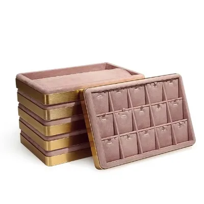 Pink Velvet Metal Frame Jewelry Tray Ring Pendant Necklace Bangle Display Trays Stackable Jewellery Trays for Store