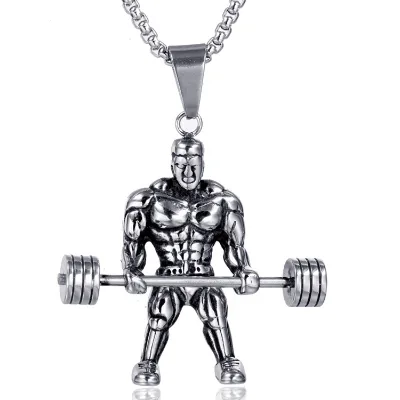 Bodybuilding Muscle Man Barbell Pendant Stainless Steel Trendy Gym Fitness Necklace