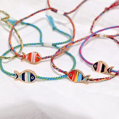 Colorful Fish charm braided Bracelet, Enamel Fish Charm Braided Cord, Boho Style For Beach Wear Adjustable woven bracelet