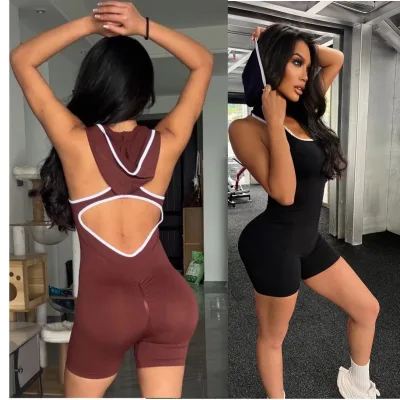 Color Blocked Custom Logo Hooded Sportswear Sexy Hollow Out Scrunch Butt Gym Yoga Jumpsuits For Women