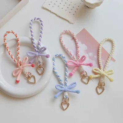 NEW Two-Tone Braided Rope Bow Keychain Striped Bowknot Short Wrist Strap with Heart Lobster Clasp Anti-lost Charm Lanyard